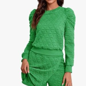 Green Quilted Long Sleeve Top and Skort Set